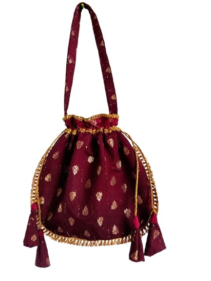 Paras unique Maroon Silk Potli Bag with Gold Embroidery, Drawstring Batwa with Tassels for Festive Occasions set of two.-image-21