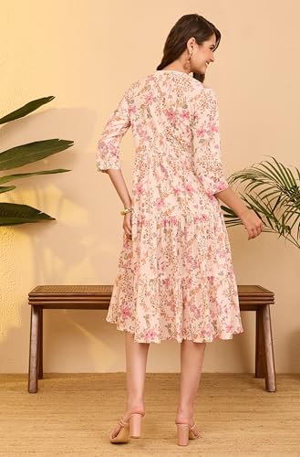 Image of Janasya Women's Light Pink Pure Cotton Floral Printed Tiered Dress