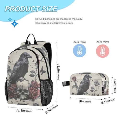 Crow Skull Red Rose Backpack Book Bag Daypack Shoulder Bag Lightweight Back Pack with Lunch Box Travel Laptop Daypack 18.5 x 11.8 In2