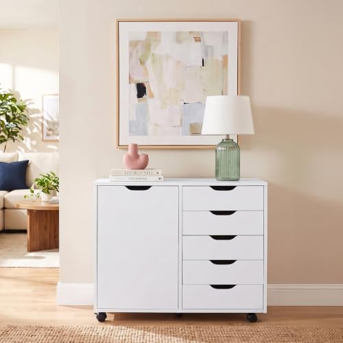 Image of Naomi Home Amy 5-Drawer Rolling Drawer Dresser with Cabinet - White | Five easy-access drawers, two shelves, smooth-rolling casters and a wide top in a space-saving storage cabinet.