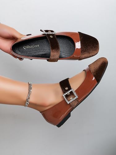 Women's Flat Mary Jane Shoes with Suede Cap Toe Dress Leather Ballet Flats with Square Rhinestone Buckle Comfortable Slip On Work Office Ankle Strap Flats2