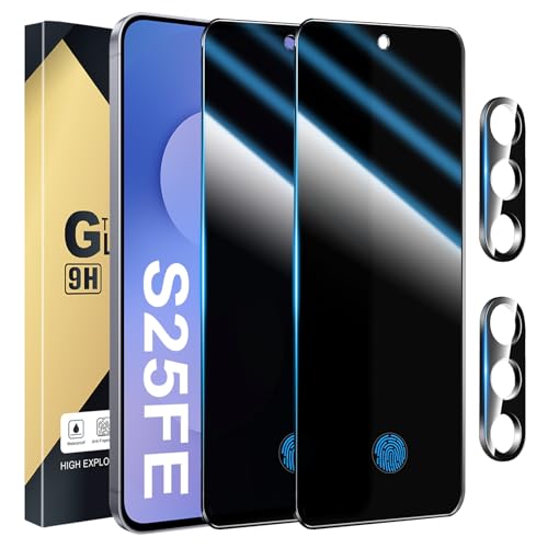Xiezezei 2+2 Pack Privacy Screen Protector Compatible with Galaxy S25 FE 5G - 2 Tempered Film + 2 Camera Lens Glass - High Clarity - Bubble Free - Anti-Spy Protection - Anti-Shatter