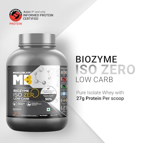 Image of MuscleBlaze Biozyme Iso-Zero Whey Protein Isolate Powder, 2kg (4.4lbs) | Cookies & Cream | 27g Whey Protein Per Scoop | USA Patent-Published Enhanced Absorption Formula (EAF)