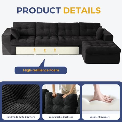 Image of MAXYOYO 132 inch L Shaped Modular Sectional Sofa with Ottoman, Cloud Boneless Couch with Layered Cushion, Upholstered Sofa in a Box, Flexible Module Combination for Living Room, No Assembly, Black