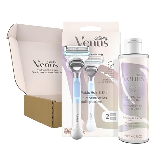 Gillette Venus for Pubic Hair and Skin Shaving Set, Women&rsquo;s Razor, 1 Handle + 2 Blade Refills + 2-in-1 Cleanser