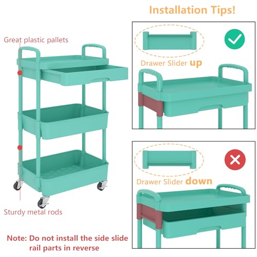 Image of Calmootey 3-Tier Utility Cart with Drawer & Wheels, Storage for Home,Office | Space-Saving Organizer, Sturdy Plastic Shelves, Smooth-Rolling Metal Wheels, Built-in Drawer for Small Items, Green