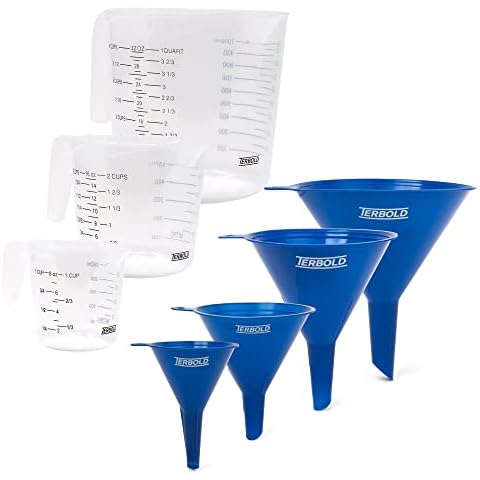 Terbold 4pc Funnel Nesting Set (Blue) and 3pc Measuring Cup Set in Clear Plastic with Long Handles Cover