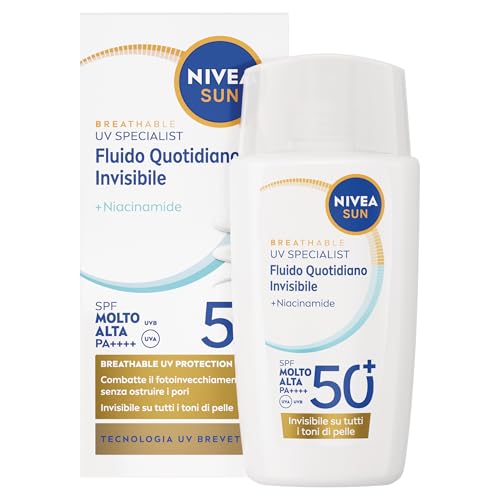 NIVEA SUN Fluido Quotidiano Invisibile SPF 50+ 40 ml, Crema viso SPF 50+ invisibile e opacizzante, Protezione solare viso ultra-leggera con Niacinamide, Non comedogenica, Tutti i tipi di pelle