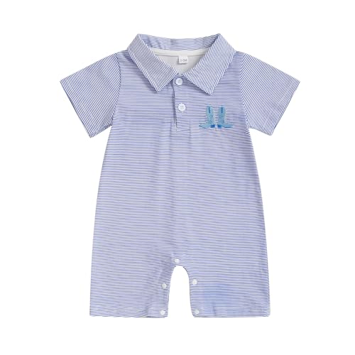 Gueuusu Country Baby Boy Outfit Newborn Western Romper Cowboy Boots Embroidery Striped Collared Bodysuit Infant Summer Clothes (Blue, 3-6 Months)