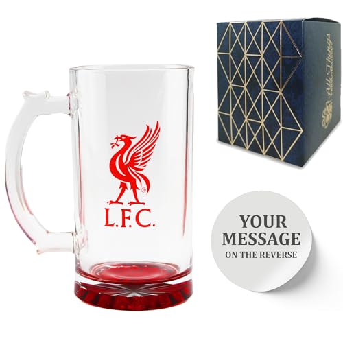 Personalised Engraved Liverpool Beer Mug, Made with Official Liverpool F.C. Stein Glass, Gift Boxed, 425ml or 15oz Capacity, Football Beer Glass, Customise with Any Message