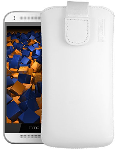 mumbi Bolso de Cuero Real Compatible con HTC One Mini 2, (Pestaña con función de retracción, Auxiliar de extracción), Blanc