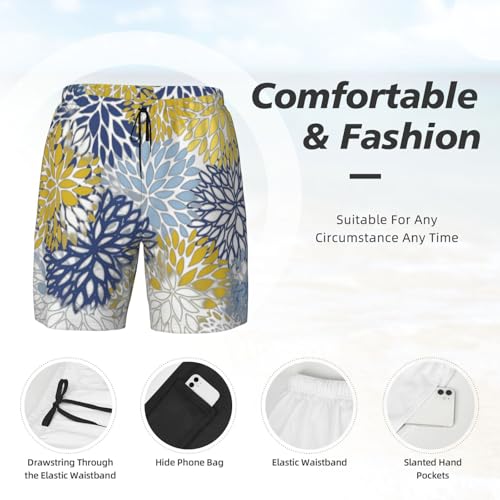 Men's Colored Flowers Print Quick-Dry Mesh Swim Trunks Stretch Lining Beach Shorts Surfing Summer Vacations Black4