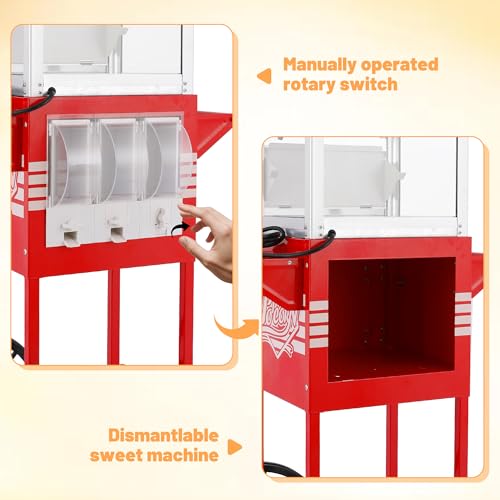 Image of 12oz Popcorn Machine with Cart, Commercial Popcorn Maker Candy Dispenser, Includes Scoop, Oil Spoon, Vintage Movie Theater Style Popper, Pop Corn Machine for Home Party, Movie Night (Red)