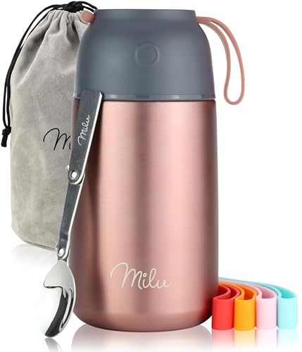 Milu Termo para Comida 300ml 440ml 450ml 650ml 800ml Taza Aislada, Botella de Acero Inoxidable Aislada para Alimentos, Beber y sopa de los niños de adultos A prueba de fugas Térmico (800ml/Oro rosa)