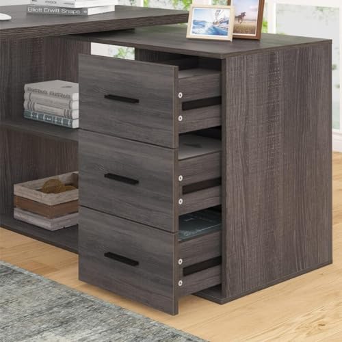 Image of L Shaped Desk with Drawers, L Shape Computer Desk with Storage Cabinet Shelves, Reversible Modern Industrial Home Office Corner Desk, Rustic Wood Executive Writing Gaming Study Table,
