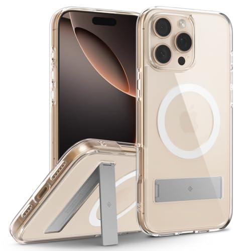 Image of CASEOLOGY by Spigen Capella Mag Kickstand for iPhone 16 Pro Case [Built-in Kickstand] Magnetic Military Grade Drop Protection Back Cover Case for iPhone 16 Pro (TPU and PC | Clear White Silver)