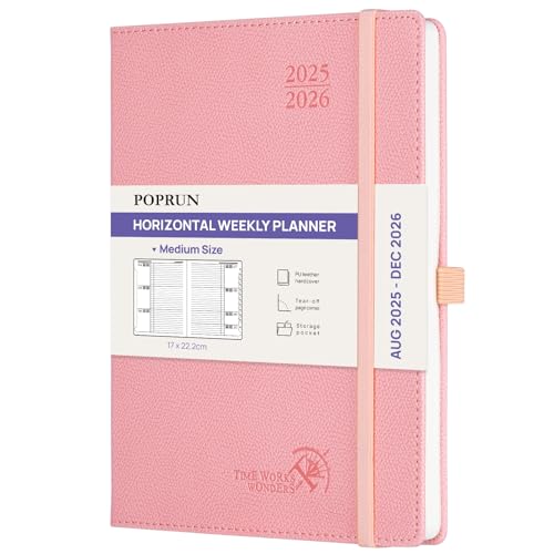 POPRUN Kalender 2025 2026 Horizontale Wochenplaner (Aug.2025-Dez.2026) – ca.A5 Terminkalender mit PU-Leder, 17-Monats-Organizer,1 Woche 2 Seite, Stabilem Hardcover, Zartrosa