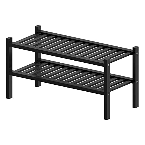 2 Tier (Thick) Bamboo Shoe Rack for Closet Free Standing Wood Shoe Shelf for Entryway Small Space Stackable 27"x12"x14" (Black)