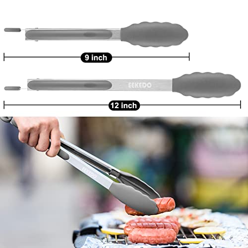 Eekedo Kitchen Tongs, Stainless Steel Silicone Tongs For Cooking 600ºf High Heat-Resistant Bbq Grilling Locking Tongs, Set Of 2-9" And 12" Grey #TOP5