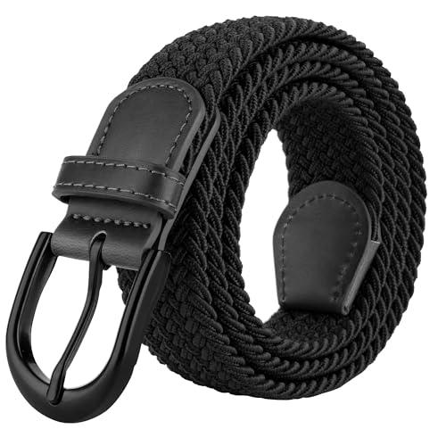 Mile High Life | Braided Stretch Elastic Belts | Pin Oval Solid Black Belt Buckle | PU Loop End Tip Men/Women/Junior Belt