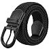Braided Stretch Elastic Belt with Pin Oval Solid Black Buckle Leather Loop End Tip with Men/Women/Junior (Black, Large 36"-38" (44" Length))