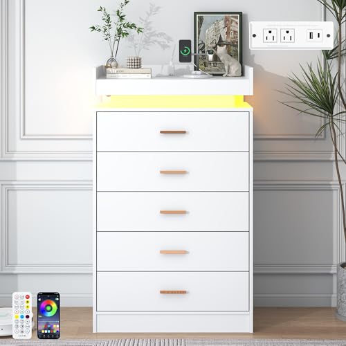 Image of jiteentarou 5 Drawer Dresser with Charging Station and LED Lights, Modern Chest of Drawers with Power Outlet, Organizer Cabinet for Bedroom, Living Room, Entryway, White