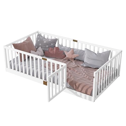 Image of Bellemave Twin Size Kids Montessori Floor Bed Frame with Door and Slats,Solid Wood Floor Bed Frame with Slats and High Fence for Kids,Girls,Boys,White