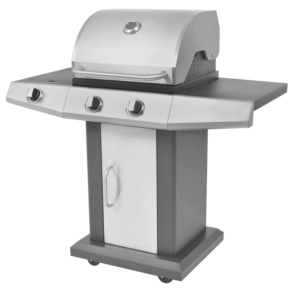 Grill gazowy 2 + 1 płomieni, czarny, srebrny, stal malowana proszkowo, stal nierdzewna, 116,5 x 59 x 117 cm, 2 strefy główne plus płyta grzewcza boczna do ogrodu, na taras, wieczór przy