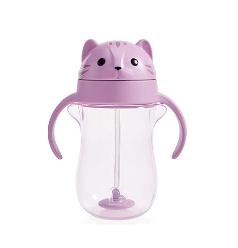 Munchkin Any Angle Spill Proof Weighted Straw Trainer Cup | Transition Sippy Cups for Toddlers and Babies | Click Lock Technology & Fun Animal Design | Baby led Weaning | 296ml | Cat