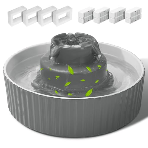 Fuente de agua de cerámica para gatos, dispensador de porcelana para mascotas de 2.1 L/70 onzas con 4 filtros de repuesto y esponja, cuenco de agua automático para perros con bomba ultrasilenciosa