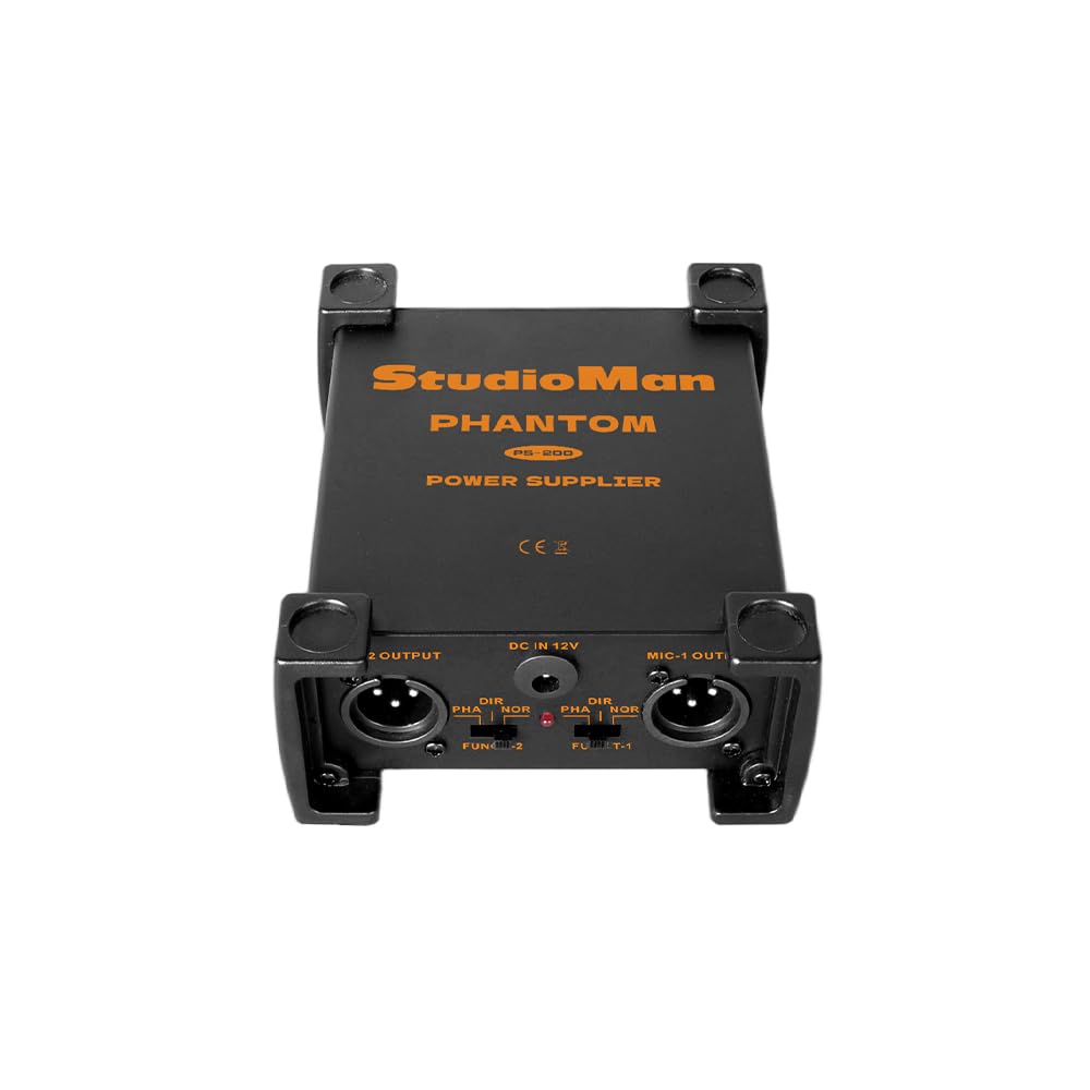 Studioman PS200 - Fuente de alimentación Phantom profesional de 2 canales, negro, entrada/salida XLR doble, alimentación conmutable de 12 V/24 V/48 V
