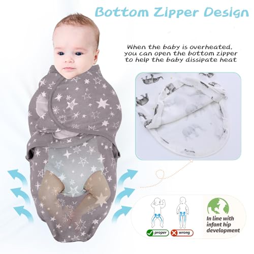 Image of LAT Swaddle Blanket with zip Baby Girl Boy-Easy Adjustable 3 Pack Infant Sleep Sack Wrap Newborn Babies 100% Cotton Sleep Bag(Gray Elephants,0-3Months)