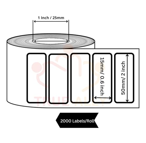 Image of True-Ally 50x15 Direct Thermal Barcode Label Sticker - 50mm x 15mm - 2000 Labels Per Roll - White Self Adhesive Sticker for Printing Barcoding (20 Roll per Pack (40000 Labels))