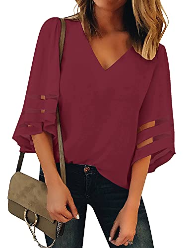 luvamia Women's Casual Blouse V Neck 3/4 Bell Sleeve Tops Mesh Panel Shirts Loose Blouses Girls Valentine Shirt Spring Tops for Women 2023 Trendy Womens Tops Dressy Casual 3/4 Sleeve Wine Size S