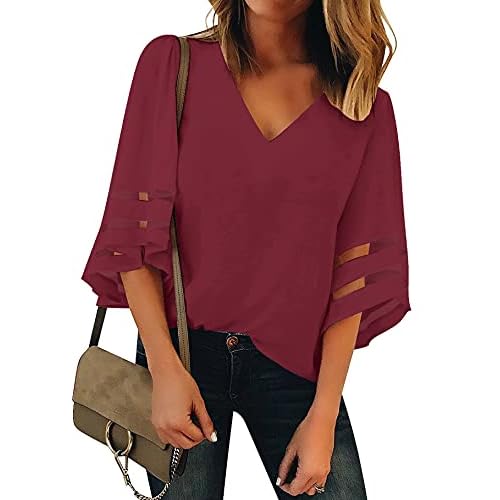 luvamia Women's Casual V Neck Blouse 3/4 Bell Sleeve Mesh Panel Shirts Loose Top Medium C Rhubarb