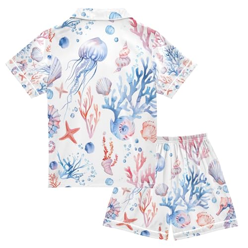 senya Jellyfish Seahorse Satin Summer Pajama Sets Silk Short Sleeve Button Down Sleepwear2
