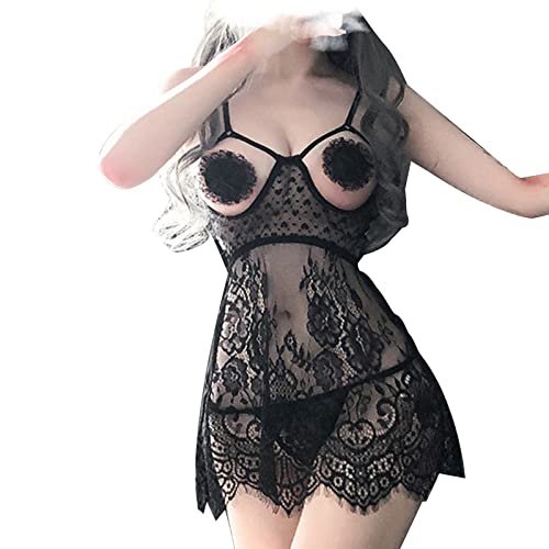 Latex Dessous Damen Damen-Nachthemd mit Bügel, Dreipunkt-Bauchtasche, kurzer Rock, Schlitz, schmaler Anzug Samt Dessous (Black-e, One Size)