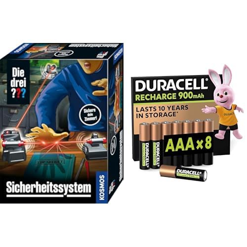 Die drei ??? Sicherheitssystem, LED-Alarmanlage, 8+ Jahre, & Duracell AAA Akkus 8 Stück, 900mAh