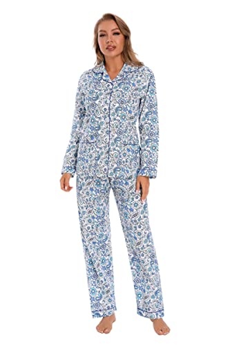 Image of GLOBAL Women Cotton Pajamas Long Sleeve PJs Button Down Sleepwear S-3XL
