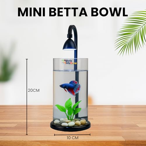 Image of VAYINATO Mini Acrylic Desktop Fish Bowl PS-10 (Black /White) | 1.2L Capacity | 10cm Diameter x 20cm Height | Aquarium Bowl with Multi-Color Hanging LED Light | Ideal for Betta | Office & Home Decor
