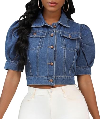 SEMATOMALA Women's Croppped Jean Jacket Puff Short Sleeve Button Down Denim Coat Crop Top Outerwear