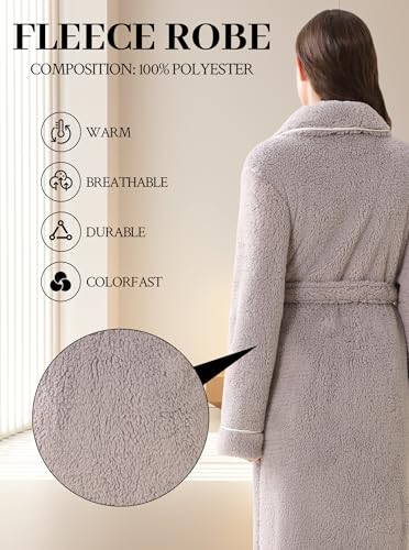 Image of Women Long Plush Fleece Bath Robe | Soft loungewear housecoat, comfy sleepwear for home, suitable as ladies pajamas and nightgown