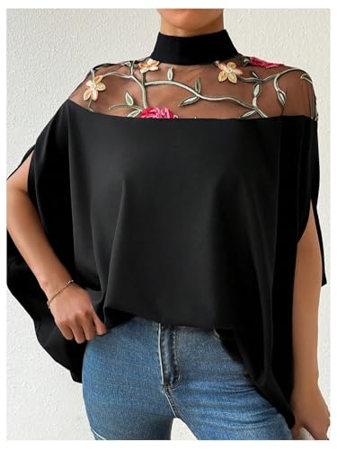 SweatyRocks Women's Floral Mesh Mock Neck Dolman Short Sleeve Ruffle Blouses Tops4