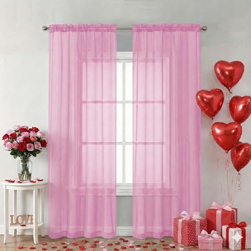 Image of Chyhomenyc Light Pink Sheer Curtains 84 Inch Length 2 Panels, Light Filtering Cute Voile Pink Window Curtain Drapes for Girls Room,Each 42Wx84L Inches