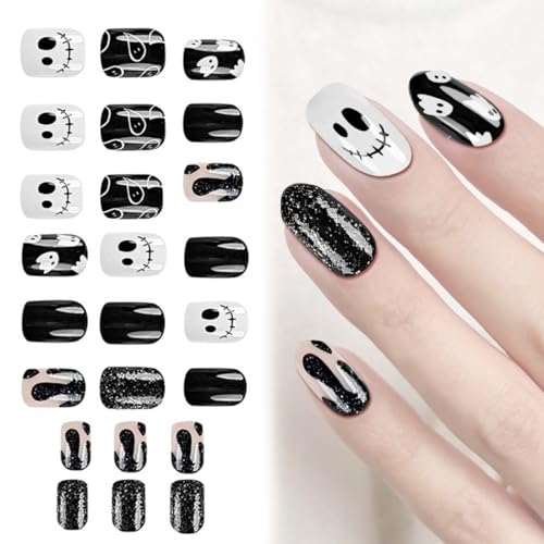 JUGUTA Gel semicurado de autocolantes Halloween preto e branco com fantasmas - Semi-Curado Gel Nail Art Stickers decoração
