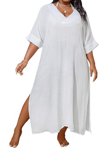 WDIRARA Women's Plus Size Swimwear V Neck Half Sleeve Split Side Cover Up Beach Dress