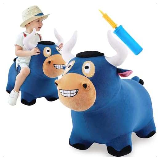iPlay, iLearn Bouncy Pals Bull Hopper Toy, Toddler Plush Bouncing Horse, Kids Inflatable Ride Farm Animal Bouncer W/Pump, Indoor Outdoor Hopping, Birthday Gift for 18 24 Month 2 3 4 Year Old Boy Girl