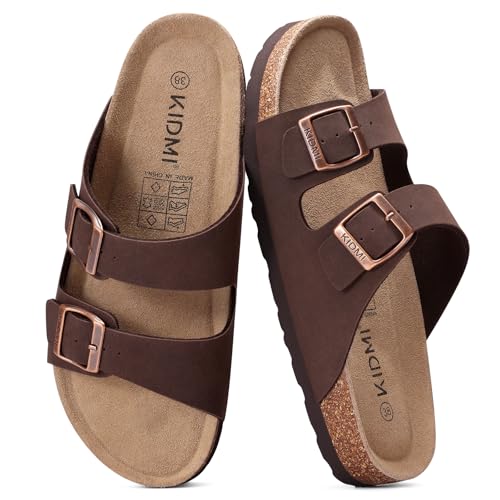 Image of KIDMI Unisex Summer Sandals Arch Support Cork Footbed Slide Sandals with Double Adjustable Buckle for Women Men