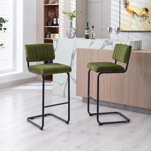 Image of ONEVOG 30 inch Seat Height Green Bar Stools Set of 4, Mid-Century Modern Cantilever Bar Chairs for Counter Kitchen Islands, Upholstered Velvet Fabric Barstools with Back and Matte Metal Legs, Olive Green