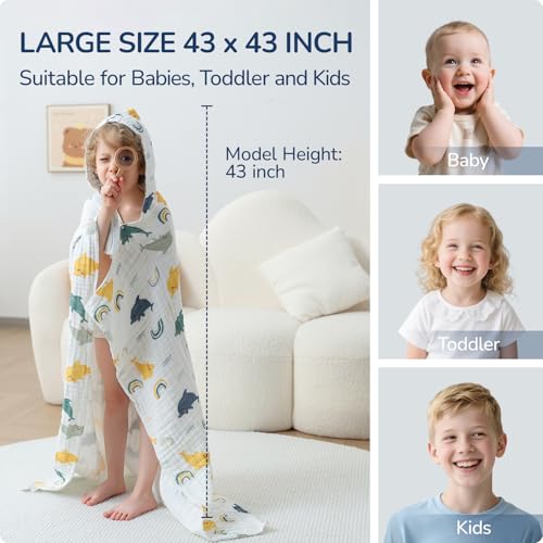 Image of Toddler Hooded Bath Towels,100% Cotton Muslin Baby Towels for Boys Girls,Ultra Soft & Absorbent Quick Dry Kids Towel for Beach,Pool,Bathroom,Large 43x43 Inch